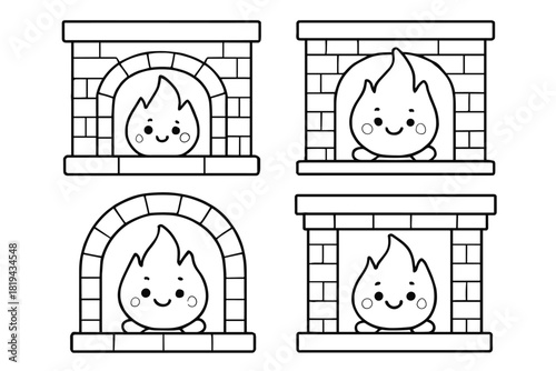 Smiling Fireplace Coloring Page. Cute fire hearth icons children’s coloring book illustration, outlined