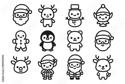 Kawaii Christmas Icons. Kawaii Christmas characters. Line outline icon set of kawaii Christmas characters: