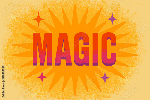 Retro Festive Magic. Present Magic — Retro Poster (alt): condensed sans-serif with soft shadow and spark