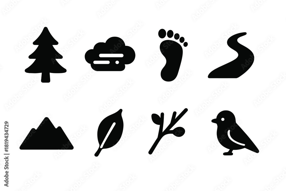 Fototapeta premium Foggy Forest Icons. Foggy Forest Trail. Filled icon set of Foggy Forest Trail: pine tree, fog cloud,