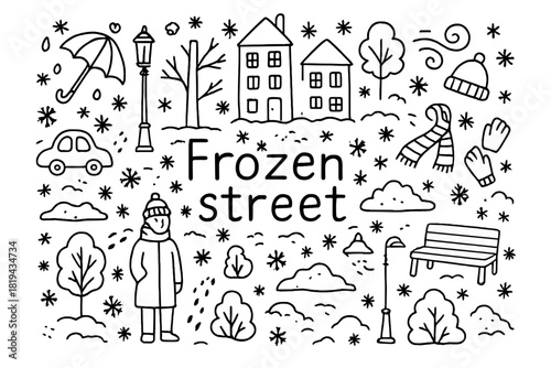 Frozen Street Doodle. Frozen street. Hand-drawn doodle illustration of Frozen street. Umbrella, snowflakes,