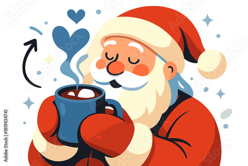 Santa's Cozy Cocoa Moment. Santa with cocoa in mittened hands. Close-up view with gentle details — steam