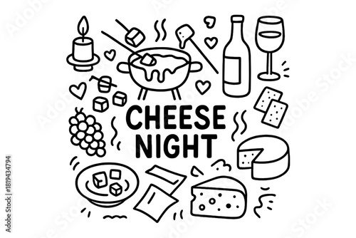 Cheese Night Doodles. Cheese Night. Hand-drawn doodle illustration of Cheese Night. Fondue pot, forks, melted
