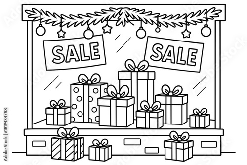 Holiday Coloring Shop Window. Holiday shop window children’s coloring book illustration, outlined drawing,