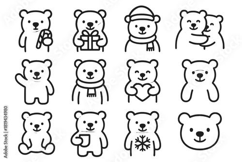 Holiday Bear Icons. Holiday bears. Line outline icon set of holiday bears: polar bear with candy cane, polar
