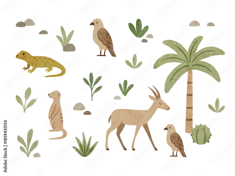 Obraz premium Hand-drawn desert animals elements. Watercolour illustrations. PNG pack