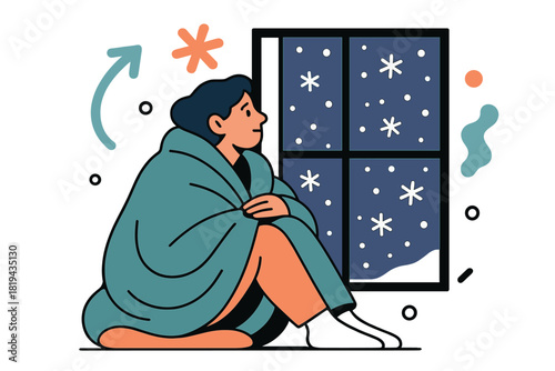 Cozy Winter Watching. Wrapping in a blanket watching snow outside. Cozy winter scene with a person sitting by