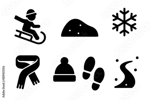 Sledding Icon Set. Sledding Down a Hill. Filled icon set of Sledding Down a Hill: child on sled, snowy hill,