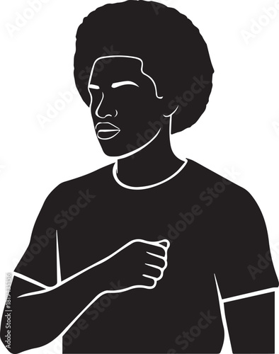 Black man with afro hairstyle places hand over heart in gesture of solidarity