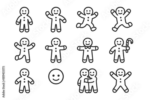 Gingerbread Pose Icons. Gingerbread poses. Line outline icon set of gingerbread poses: standing gingerbread,