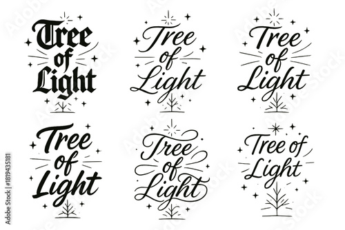 Tree of Light Calligraphy. Tree of light. Create a calligraphy lettering illustration of the phrase: Tree of