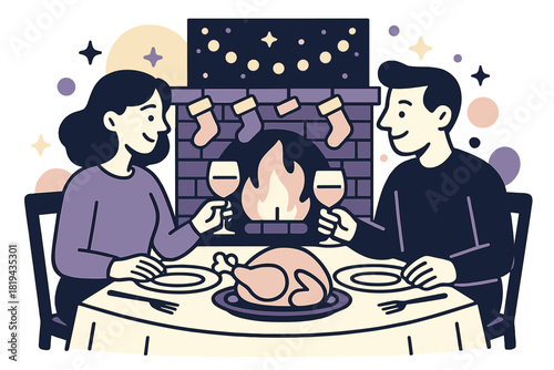 Festive Fireplace Dinner. Dinner by fireplace. Table set near glowing hearth, stockings and lights in