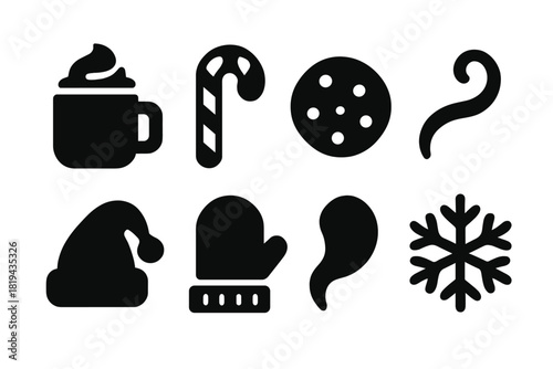 Hot Cocoa Icons. Hot Cocoa Moments. Filled icon set of Hot Cocoa Moments: mug, whipped cream, candy cane,