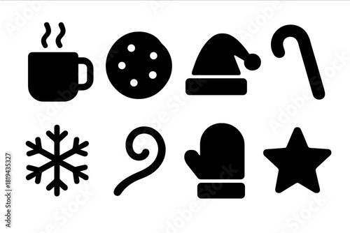 Santa's Treats Icons. Santa’s Treats. Filled icon set of Santa’s Treats: mug, cookie, Santa hat, candy cane,