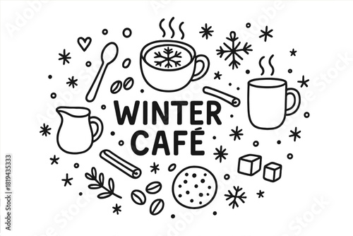 Winter Café Doodle. Winter Café. Hand-drawn doodle illustration of Winter Café. Latte cup, snowflake art,