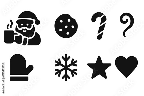 Warm Santa Icons. Warm Santa Moments. Filled icon set of Warm Santa Moments: Santa holding mug, cookie, candy