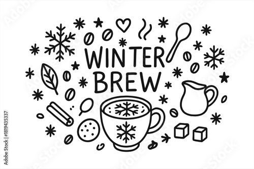Winter Brew Doodle. Winter Brew. Hand-drawn doodle illustration of Winter Brew. Coffee cup, snowflake latte