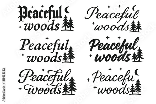 Peaceful Woods Calligraphy. Peaceful woods. Create a calligraphy lettering illustration of the phrase: