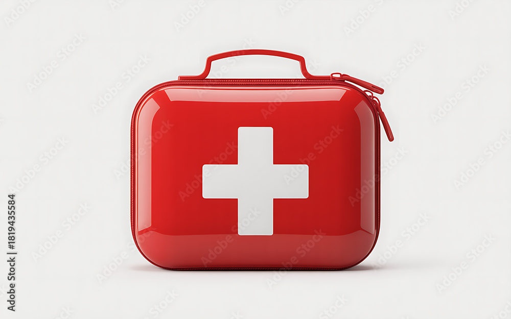 Obraz premium Red first aid kit with white cross for emergency medical care
