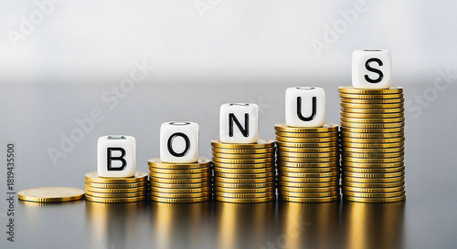 Increasing Financial Rewards: Stacks of Gold Coins Form a Rising Graph with the Word BONUS on Top