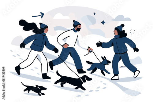 Snowy Hill Dog Walk. Friends walking dogs on snowy hill. Sloping landscape, small footprints winding upward,