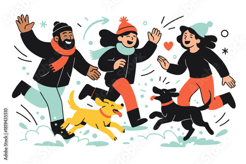 Joyful Snowy Playtime. Friends with dogs playing in the snow. Dogs jumping and running, snow kicked up around,