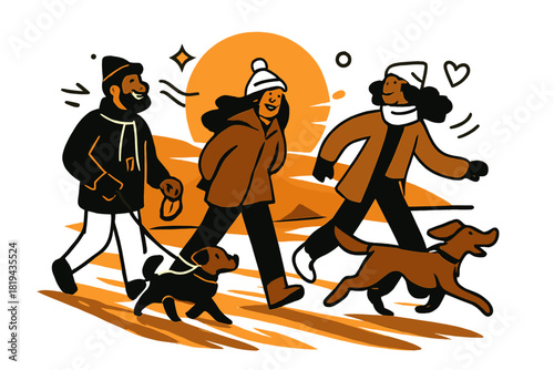 Sunset Dog Walkers. Friends walking dogs at sunset. Warm orange glow lighting up snowy path, long shadows