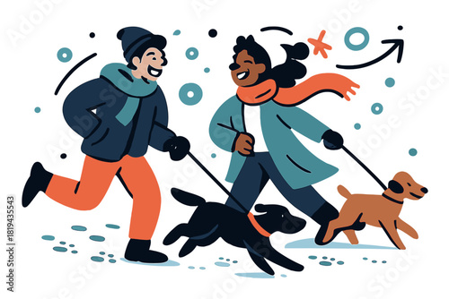 Snowy Park Stroll. Friends walking dogs in snowy park. Snowflakes swirling around, footprints and paw prints