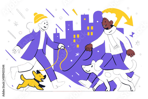 City Snow Walk. Friends walking dogs in city snow. Stylized urban backdrop with glowing lights, leashes