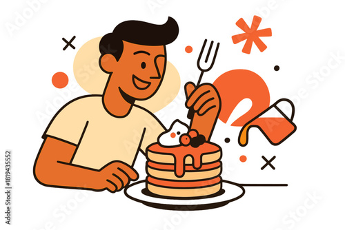 Pancake Brunch Delight. Brunch scene. Person holding fork poised above stack of pancakes, cream and berries