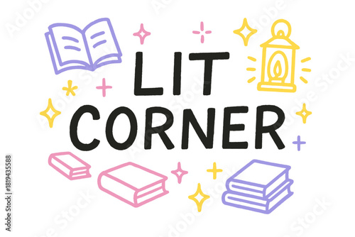 Lit Corner Doodle. Lit Corner — Doodle / Sketch: hand-drawn uneven letters; doodled books, lanterns, and