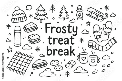 Frosty Treat Doodle Scene. Frosty treat break. Hand-drawn doodle illustration of Frosty treat break. Blanket,