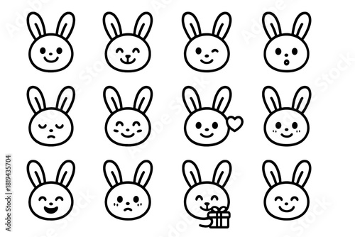 Bunny Expressions Icons. Bunny expressions. Line outline icon set of bunny expressions: happy bunny, smiling