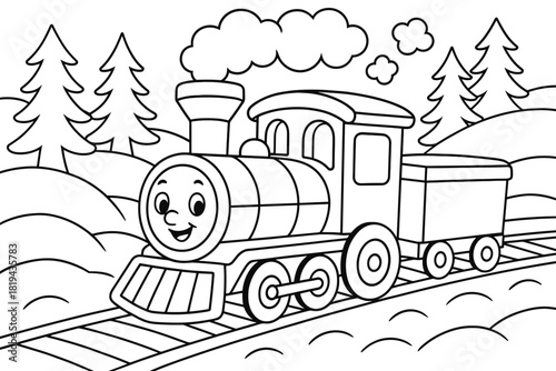 Cheerful Train Adventure. Train going through snowy landscape children’s coloring book illustration, outlined