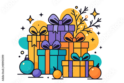 Festive Gift Display. Winter gift heap. Assorted wrapped presents with shiny bows, scattered ornaments around,