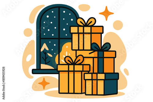 Cozy Gift Pile. Gift pile by window. Snowy scene outside window, gifts stacked inside with soft warm light