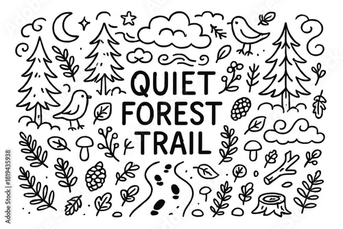 Quiet Forest Doodle. Quiet forest trail. Hand-drawn doodle illustration of Quiet forest trail. Trees, fog
