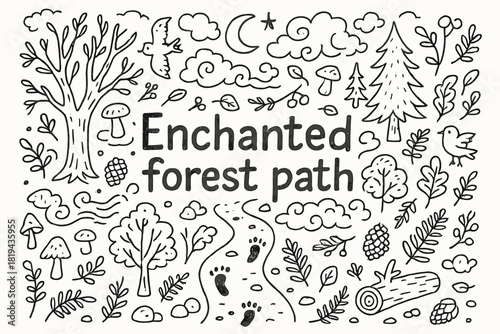 Enchanted Forest Illustration. Enchanted forest path. Hand-drawn doodle illustration of Enchanted forest path.