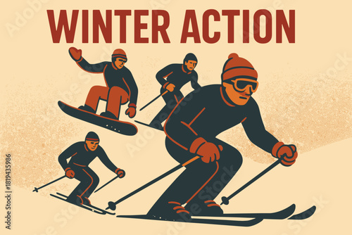 Retro Winter Thrills. Winter Action — Retro Poster (alt): condensed sans-serif; centered composition with