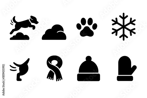 Dog Leaping in Snow. Dog Jumping into Snow Pile. Filled icon set of Dog Jumping into Snow Pile: dog leaping,
