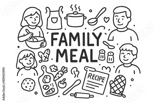 Family Meal Doodle. Family Meal. Hand-drawn doodle illustration of Family Meal. Parents and children, pot, pan