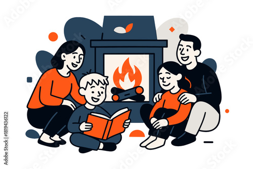 Cozy Firelit Storytelling. Firelit storytelling. Family gathered near fireplace, child reading aloud, others