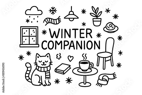Winter Companion Doodle. Winter Companion. Hand-drawn doodle illustration of Winter Companion. Cat sitting,