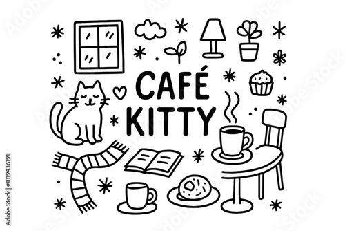 Café Kitty Doodle. Café Kitty. Hand-drawn doodle illustration of Café Kitty. Cat, window, coffee mug, steam,