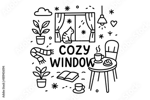 Cozy Window Doodle. Cozy Window. Hand-drawn doodle illustration of Cozy Window. Cat sitting, café window,