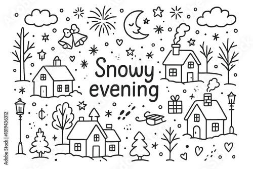 Snowy Evening Celebration. Snowy evening. Hand-drawn doodle illustration of Snowy evening. Houses, rooftops,