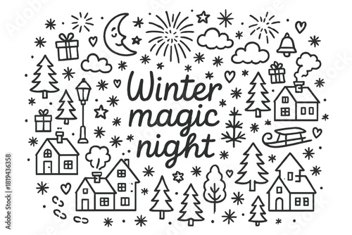 Winter Magic Night. Winter magic night. Hand-drawn doodle illustration of Winter magic night. Fireworks,