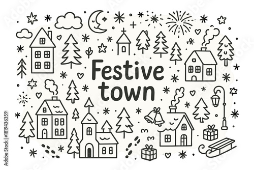 Festive Town Doodle. Festive town. Hand-drawn doodle illustration of Festive town. Houses, rooftops, chimneys,