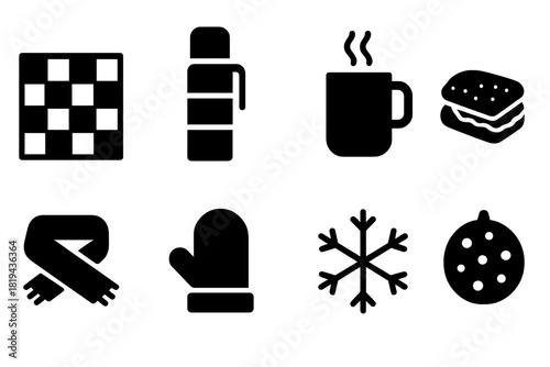 Winter Treat Icons. Winter Treats. Filled icon set of Winter Treats: picnic blanket, thermos, mug, sandwich,