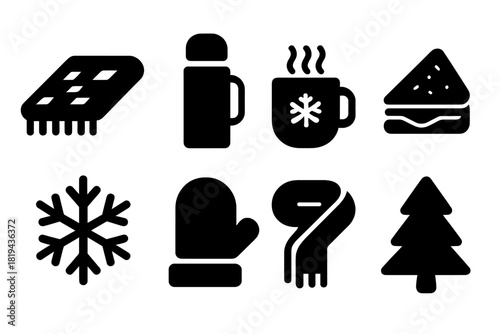 Snowy Picnic Icons. Snowy Picnic. Filled icon set of Snowy Picnic: blanket, thermos, cocoa mug, sandwich,